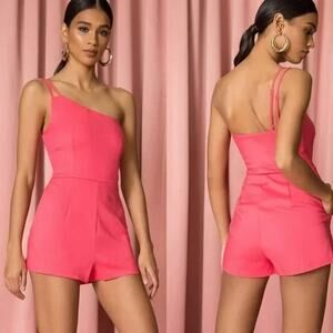 Superdown Ramona One Shoulder Shorts Romper Pink Small
